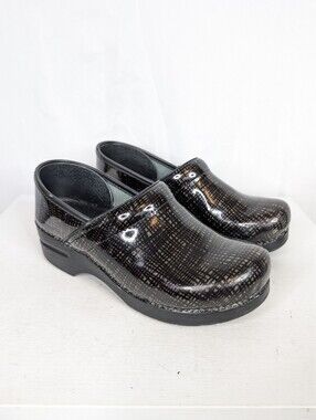 Dansko Black Crosshatch Metallic Patent  Leather Clogs - Size 10